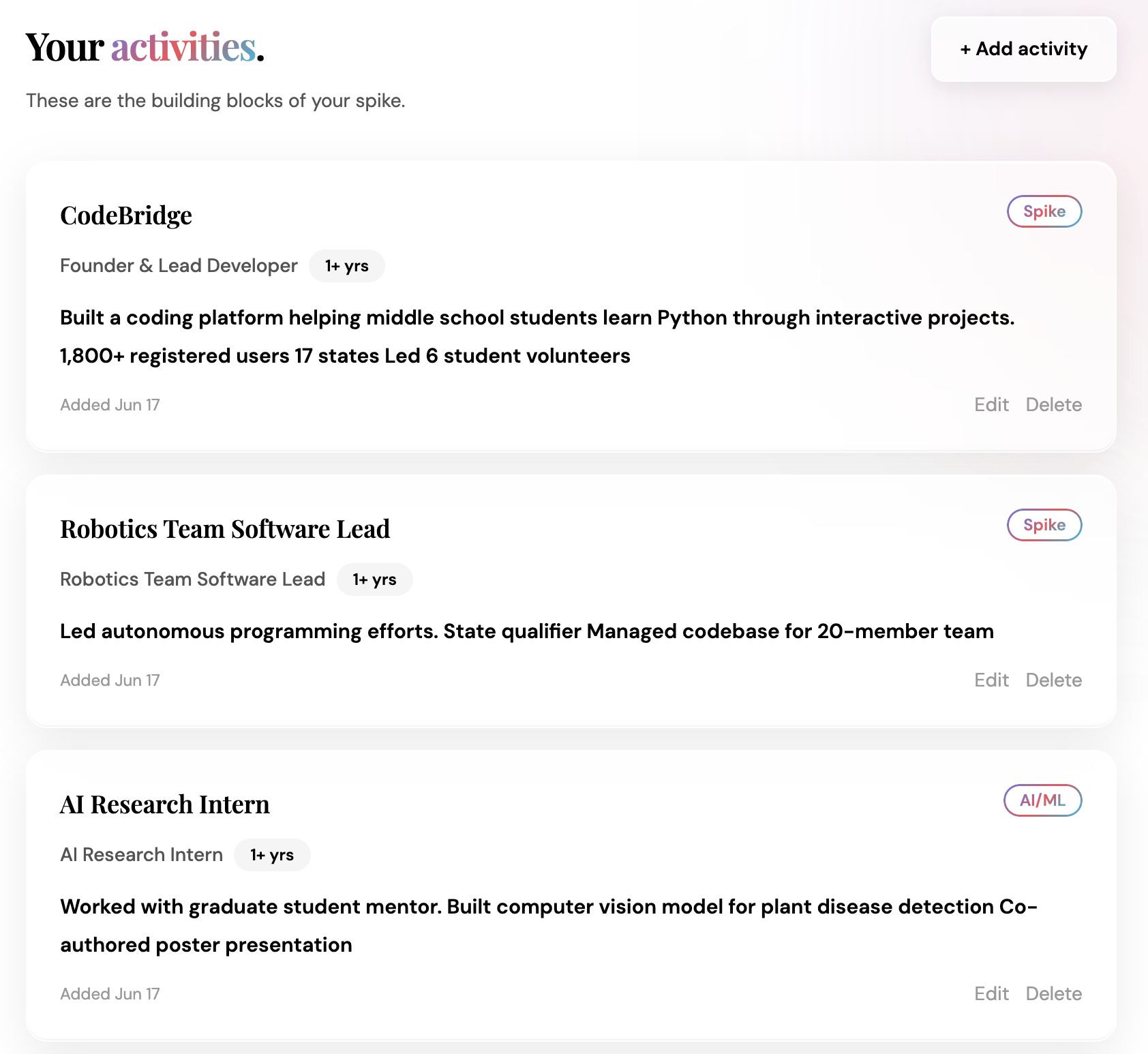 Spikd activities page showing activity cards.